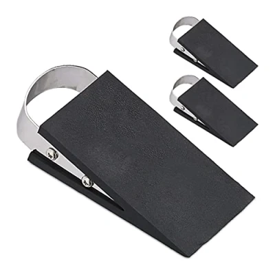 Immagine di Relaxdays Cuneo Fermaporta in Set da 3, Blocca Porte Pavimento, Gomma e Acciaio Inox, 3 x 5 11,5 cm, Nero Argento