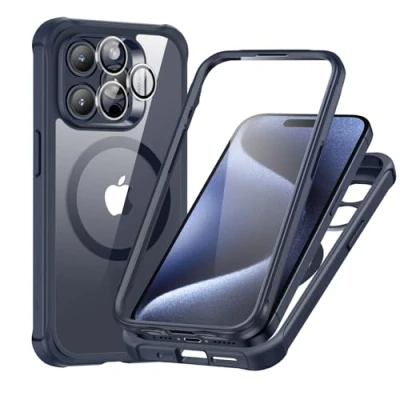 Immagine di ESR custodia per iPhone 15 Pro Max, supera la protezione di grado militare, compatibile con magnetica MagSafe trasparente blu scuro