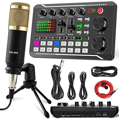 Immagine di Scheda audio live e interfaccia con effetti mixer DJ cambia vocale, stereo Bluetooth F988, per streaming Youtube, PC, studio di registrazione (‎Streaming Microphone kit)