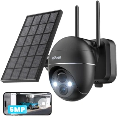 Immagine di ieGeek 5MP Telecamera Wifi Esterno Senza Fili, 360 PTZ Batteria Pannello Solare, Rilevazione di Movimento PIR, Visione notturna a colori, Audio 2 vie, IP65, Alexa Nero