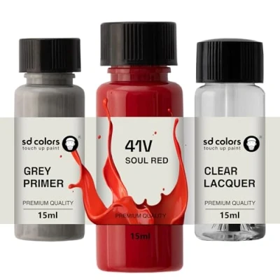 Immagine di SD COLORS Soul Red 41V Kit di riparazione con penna vernice per ritocchi, 15 ML, pennello, graffi e scheggiature, codice colore (vernice + primer lacca)
