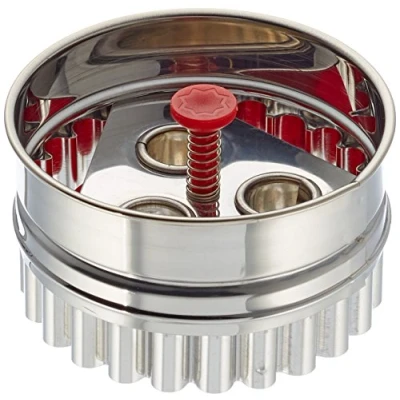 Immagine di Staedter Städter Große Ausstechform Linzer mit Auswerfer (3 Loch) Stampino per Biscotti, Acciaio Inossidabile, Argento/Rosso, 6.5x6.5x4 cm