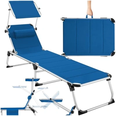 Immagine di TecTake® Sdraio da Mare, Spiaggia Pieghevole con Parasole, Giardino Schienale Regolabile in 6 Posizioni, Cuscino Poggiatesta Removibile e Tasca Laterale Blu