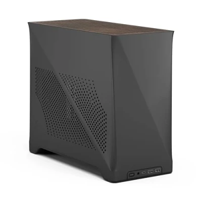 Immagine di Fractal Design Era 2 ITX PC Case in Charcoal Sleek Anodized Aluminum, Solid Walnut Top, Supports 3 Slot GPUs, PCIe 4.0 Riser Cable included