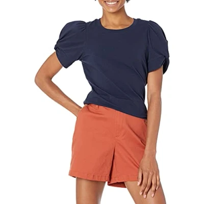 Immagine di Amazon Essentials Maglietta Girocollo a Maniche Corte con Sbuffo e Vestibilità Classica Donna, Blu Marino, L