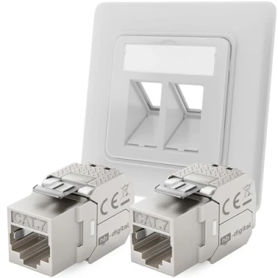 Immagine di hb digital presa di rete CAT 7 da incasso a 2 porte RAL9003 bianco segnale + X Keystone RJ45 modulo LAN Ethernet per 5e 6 6a 600MHz 10 Gb/s STP