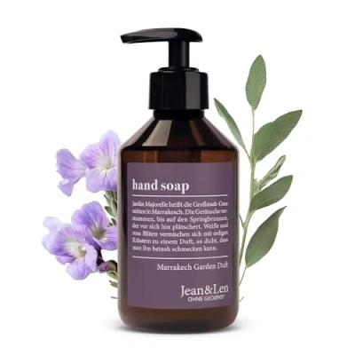 Immagine di Jean &amp; Len Marrakech Garden sapone per le mani, deterge mani stressate, adatto all&#039;uso quotidiano, liquido in dispenser a pompa, fragranza calda e lenitiva, vegan, 250 ml