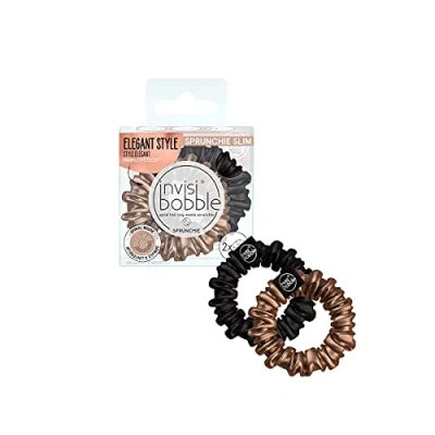 Immagine di Invisibobble Scrunchies per capelli raso nero e dorato x2 Sprunchie Slim elastico scrunchie con un a spirale all&#039;interno in