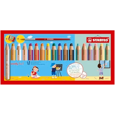 Immagine di Matita Colorata Multi Funzione STABILO Woody 3 in 1, Astuccio da 18, con Temperino e Pennello,12 Colori Standard, 6 Pastello