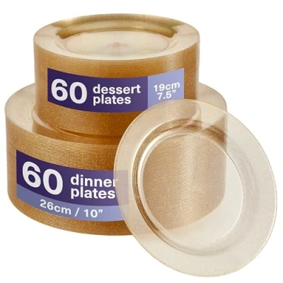 Immagine di Matana 120 Eleganti Piatti Rigidi Trasparenti in Plastica con Glitter Oro (2 Misure) Resistenti e Riutilizzabili Matrimoni, Compleanni, Battesimi, Natale, Barbecue, Feste