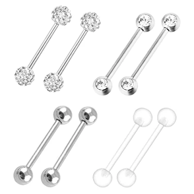 Immagine di LEEQ 4 Paia Anello a Barretta 316l Acciaio Inossidabile Anelli del Capezzolo Cubico Zirconia Lingua Piercing ad Gioielli, 14 Gauge