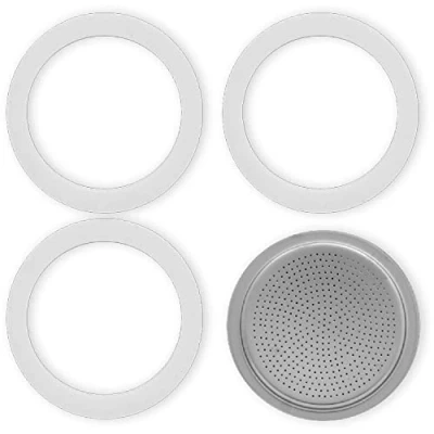 Immagine di Sicignano Set di Ricambio per Caffettiera, Include 3 Guarnizioni, 1 Filtro, Bianco Argento Compatibili con Moka, Morenita, Break, Dama, Venus, Junior (2 Tazze)