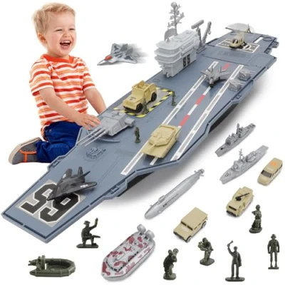 Immagine di deAO Aria di nave Barca Portaerei, Portaerei modello con camion, corazzate, piccoli modellini aeroplani, carri armati, sottomarini e action figure