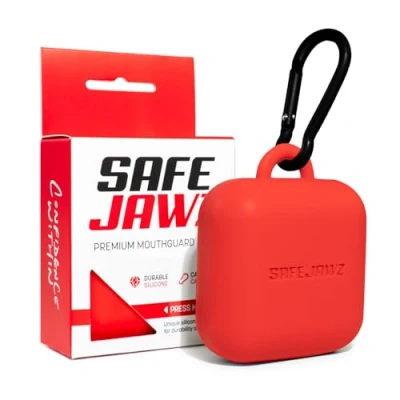 Immagine di Custodia per paradenti SAFEJAWZ Premium con moschettone. Design unico in silicone resistente e flessibile mantenere gli schermi gengivali protetti, sicuri/puliti. Rosso, taglia unica.