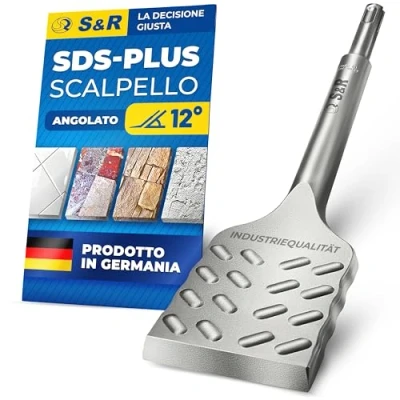 Immagine di S&amp;R Scalpello SDS plus Angolato Piastrelle/Muro 250 x 50 mm, MADE IN GERMANY Spatola Curva e Geometria ottimizzata per piastrelle. Qualità Industriale.