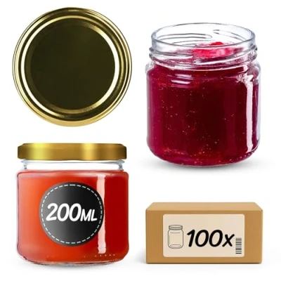 Immagine di KADAX Barattoli Ermetici di Vetro da 200 ml, Vassetti Piccoli con Coperchio a Vite per Conserve Frutta, Marmellate e Miele (Set 100, Oro)