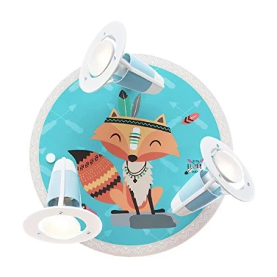Immagine di Elobra lampada da soffitto per cameretta dei bambini Little Indians Fantastica dal design animale, volpe, indiana in vero legno con 3 faretti, colore beige