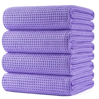 Immagine di Polyte Asciugamano da bagno in microfibra senza pelucchi e ad asciugatura rapida struttura a nido d&#039;ape molto grande viola 152 x 76 cm 4 pezzi