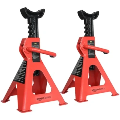 Immagine di Amazon Basics Cavalletti di sostegno per veicoli, in acciaio, Capacità 2.7 tonnellate, 1 paio, Rosso/Nero