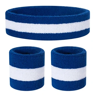Immagine di ONUPGO Set di fasce per il sudore bambini, in cotone, sport, 1 fascia + 2 polsiere (blu/bianco/blu)
