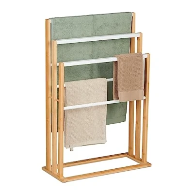 Immagine di Relaxdays Porta Asciugamani da Terra in bambù, HLP 82 x 55 24 cm, Portasalviette 6 Bracci Autoportante, Marrone Bianco
