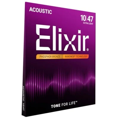 Immagine di Corde per chitarra acustica bronzo fosforoso Elixir Strings con rivestimento NANOWEB, Extra Light (.010 .047)