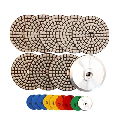 Immagine di HIGHDRIL Diamante Lucidatura Pad 8pcs (#50x3/100x2/200/400/800) 100MM con platorelli in alluminio Granito Pietra Marmo Pavimento Kit per Trapano Smerigliatrice Lucidatrice