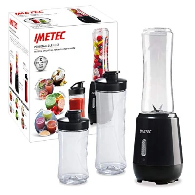 Immagine di Imetec Personal e Sport Blender PB 100 Mini Frullatore con 2 Bottiglie Take Away in Tritan BPA free, 4 Lame Acciaio Inox, motore 22.000 giri/min, coperchi a chiusura ermetica