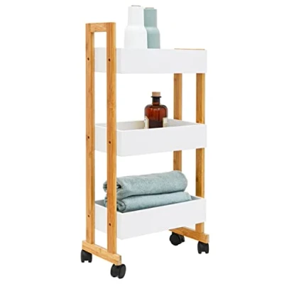 Immagine di DuneDesign Carrellino Salvaspazio in Bambù 38x20x80 Piccolo Carrello Portaoggetti Mobile Stretto Cucina Mobiletto Bagno da Porta Detersivi Lavatrice