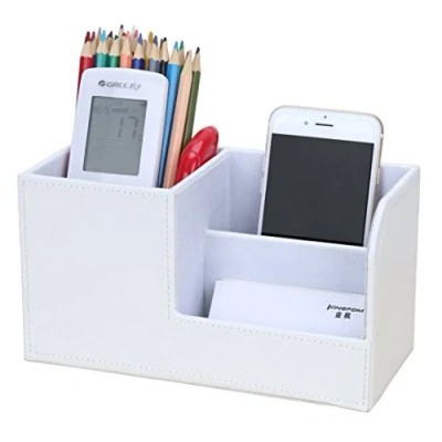 Immagine di KINGFOM 3 scomparti Multifunzionale Portaoggetti da scrivania/Organizzatore di cancelleria/Portapenne Scrivania/Organizer scrivania/Portaoggetti ufficio in Pelle PU (Bianco)