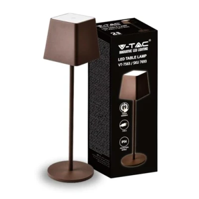 Immagine di V TAC Lampada da Tavolo senza Fili LED Dimmerabile con Comandi Touch Marrone Corten Wireless Uso Interno ed Esterno IP54 Casa o Ristorante Batteria 4000 mAh Luce 3000K Bianca Calda