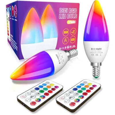 Immagine di DoRight Lampadina E14 LED RGBW, C35 3W multicolore Dimmerabile e Controllo del Colore tramite Telecomando, Sostituisce 40 watt, RGB + Bianco Caldo 2700K (2PCS)