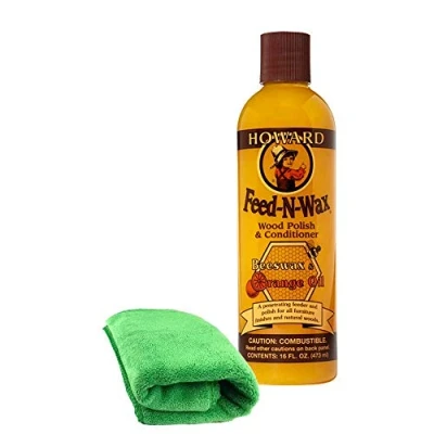 Immagine di Feed N Wax Lucidante e balsamo per legno di Howard, 473 ml, cera d&#039;api, carnauba olio d&#039;arancia, in un unico pacchetto con panno microfibra professionale (2 articoli)