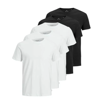 Immagine di JACK &amp; JONES Maglietta da Uomo con Scollo Rotondo in Tinta Unita, Confezione 5 (3 x Bianco, 2 Nero), S
