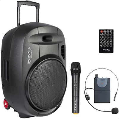 Immagine di Ibiza PORT15UHF MKII TWS Altoparlante portatile 15&quot;/800W MAX con 2 microfoni (UHF), telecomando e custodia protettiva Bluetooth, USB, SD &amp; Autonomia da 6 a 8 ore
