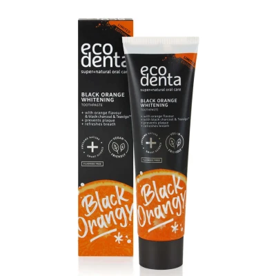 Immagine di Ecodenta Dentifricio al carbone attivo denti bianchi senza fluoro I nero Sbiancante Black Activated Charcoal Teeth Whitening Toothpaste Gusto arancia 100ml