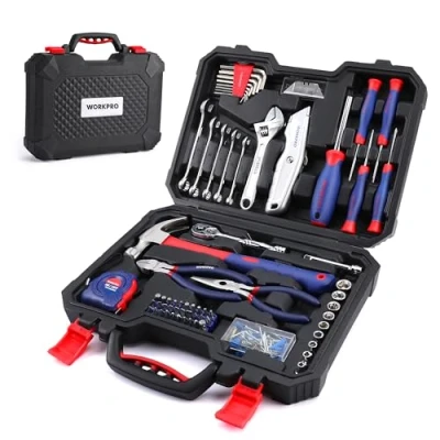 Immagine di WORKPRO kit di attrezzi per la casa, 106 pezzi, fai da te con custodia che include cacciaviti, pinze, chiavi, martello, metro a nastro, chiave esagonale, coltello, impugnatura