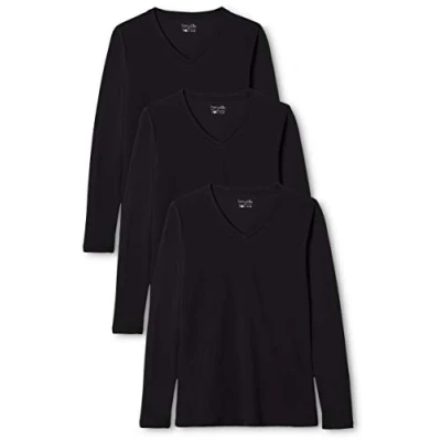 Immagine di Berydale Maglietta a maniche lunghe con scollo V in 100% cotone, Donna, Nero (confezione da 3), S