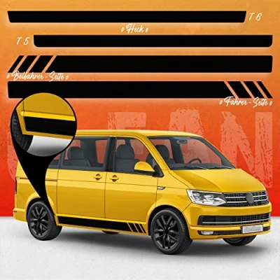 Immagine di AutoDress® Set di strisce adesive laterali per VW T4, T5 e T6 Bus in colore a scelta, motivo: Clean Racing senza tratto (110 Black Gloss, breve)