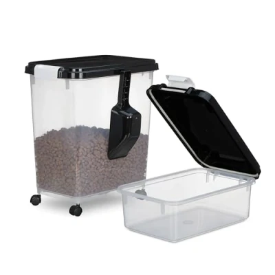 Immagine di Relaxdays Scatola per Crocchette Cane, Set 2 Contenitori Cibo Animali, 10L e 30L, Rotelle Paletta, Trasparente Nero