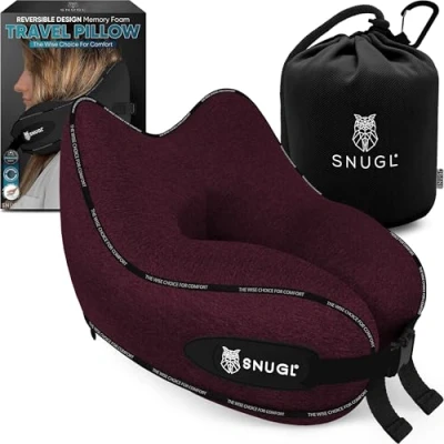 Immagine di SNUGL cuscino cervicale in memory foam, lavabile e regolabile, morbido da viaggio per aereo, auto viaggio, (rosso scuro, normale)