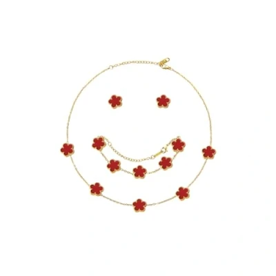 Immagine di Hanaoops Parure Gioielli Quadrifoglio da Donna 18K Placcato Oro Acciaio Inossidabile Fortunato Collana Orecchini Bracciali Set di (Red)