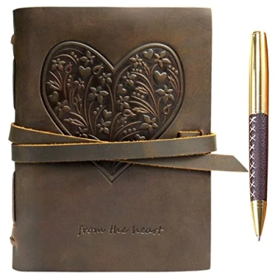 Immagine di Quaderno Appunti in Pelle Cuore di Fiori Diario Viaggio Taccuino Donna e Uomo Fatto a Mano Agenda con Fogli Bianchi 18 x 13 cm (7&quot; 5&quot;) Idee per Regali Originali