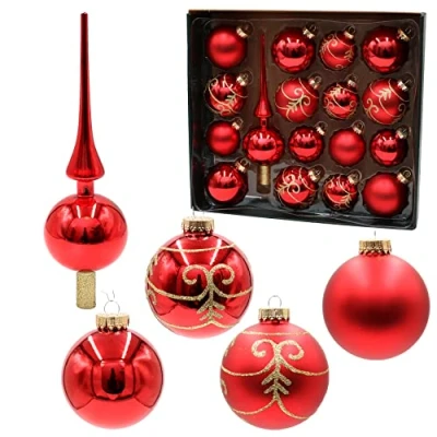 Immagine di Dekohelden24 Lauschaer Set di 16 palline per albero Natale, con 1 punta in vetro, decorate a mano, rosso opaco e lucido, 6,7, coronette dorate, 8 cm, 17