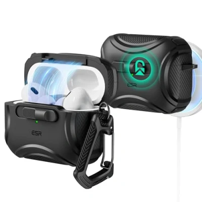 Immagine di ESR Custodia per AirPods Pro 2, Cover Compatibile con 2/1 Gen (2023/2022/2019), Abilitata a MagSafe (USB C/Cavo Lightning), Chiusura Magnetica, Protezione Anticaduta Cordino, Nero