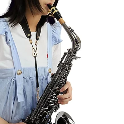 Immagine di Tracolla per sassofono in fibra super nera con gancio metallo, regolabile sassofoni baritono, contralto, tenore e soprano, accessori strumenti musicali