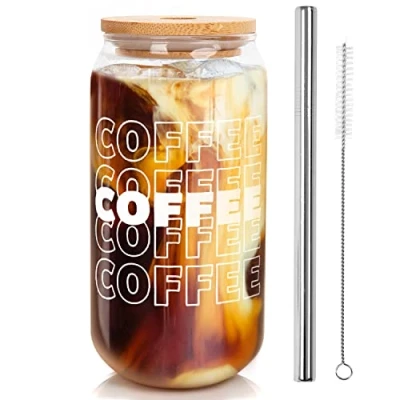 Immagine di Tazza da caffè ghiacciata, tazze ghiacciate con coperchi e cannucce, set di bicchieri, in vetro a forma lattina, bicchieri birra 567 g, ghiacciato