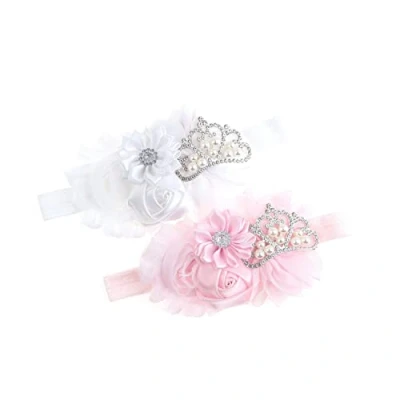 Immagine di Nishine Cerchietto per capelli da battesimo in tessuto elasticizzato neonato, confezione 2 pezzi (bianco/rosa)