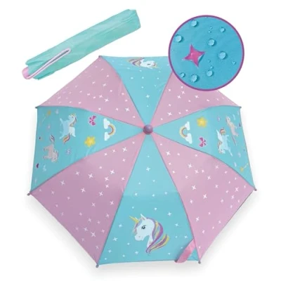 Immagine di HECKBO Ombrello Magico per Bambine con Unicorni Cambia Colore la Pioggia Tascabile Zaino e Cartella Strisce Riflettenti Impugnatura in legno, Gommini Protettivi, Custodia