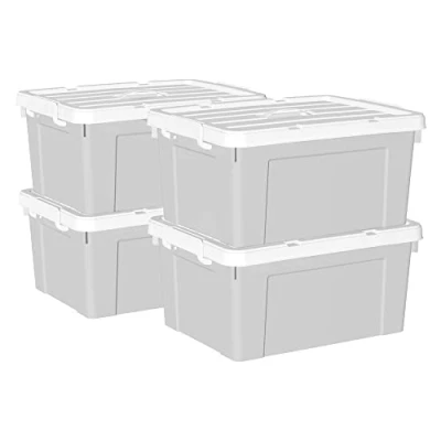 Immagine di Cetomo Scatola portaoggetti in plastica 35L* 4, contenitore per l&#039;organizzazione con coperchio durevole e fibbie di chiusura sicure, impilabile annidabile, 4Pack, grigio fibbia